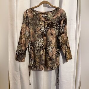 Caribbean Joe Tropical Leaf Print Top in Brown and Tan